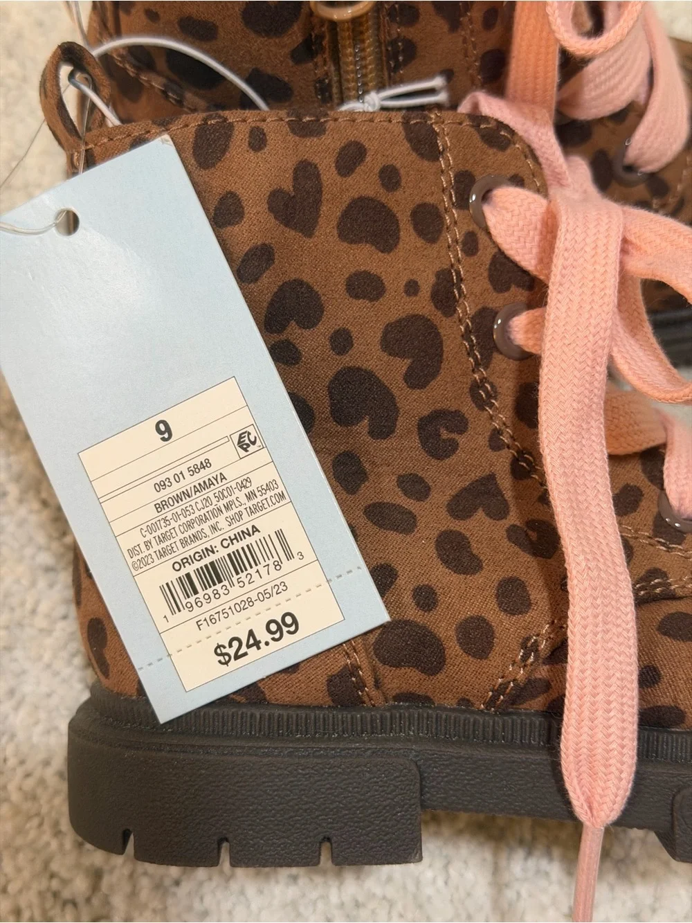 ✨BRAND NEW✨ Cat & Jack Girls' Brown Leopard Ankle Boots with Pink Laces - Size 9